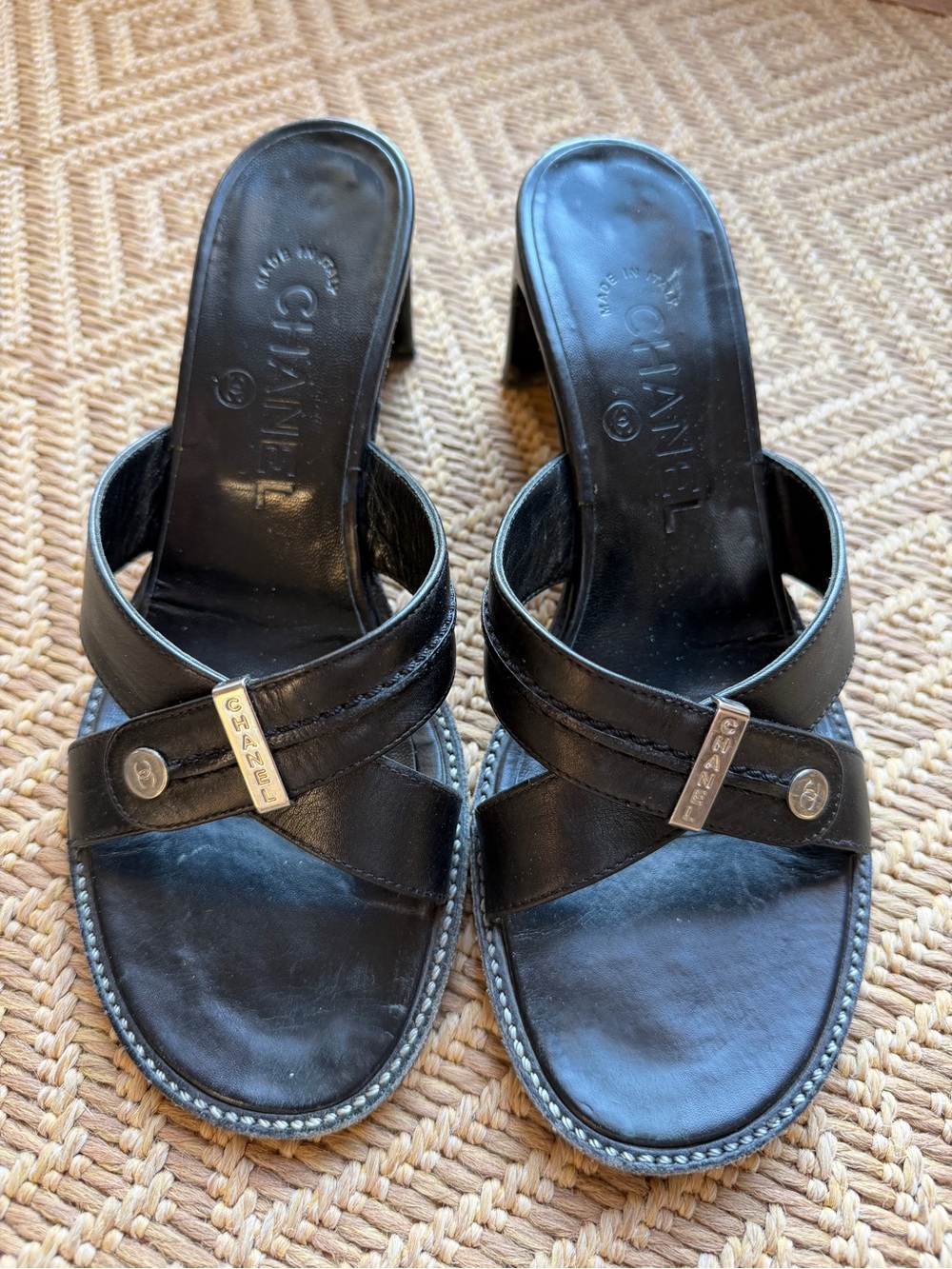 CHANEL Black Leather Cross-Strap Heels